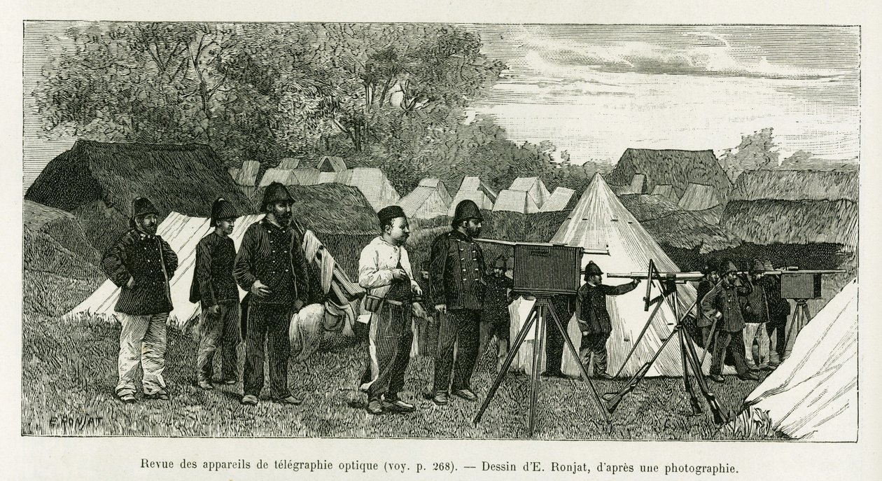 Gennemgang af optisk telegrafi apparater. Gravering af E.Ronjat, for at illustrere historien Trente mois au Tonkin, i 1884, af læge Paul Hocquard, i le tour du monde 1890, under ledelse af Edouard Charton (1807-1890), Hachette, Paris. af Etienne Antoine Eugene Ronjat