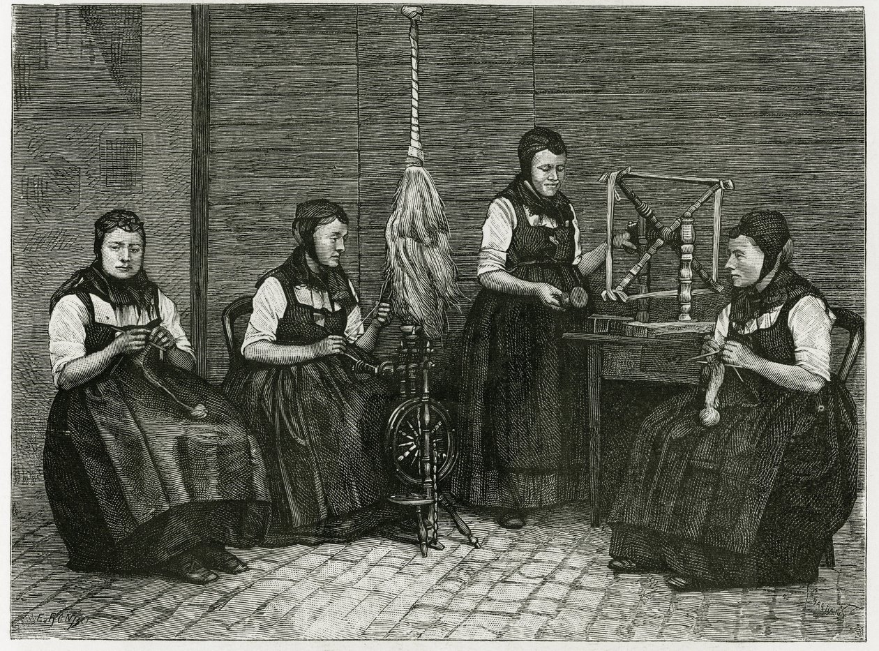 Sondernach spredere, beskrivelse af de forskellige stadier af spinding, hånd, spindel og spindel. Gravering af E.Ronjat, for at illustrere historien "Atravers l