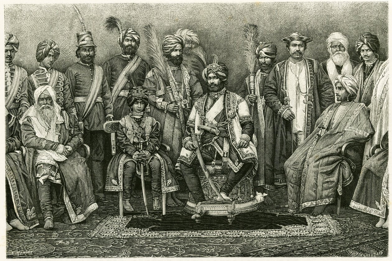 Kashmir maharajah, Rambhir Sing og hans hof. Gravering af E. Ronjat, for at illustrere historien "Portræt af en parisisk kvinde i det vestlige Himalaya", i 1881, af Marie de Ujfalvy-Bourdon (Ujfalvy Bourdon). Udgivet i Tour du monde, 2. semester af Etienne Antoine Eugene Ronjat