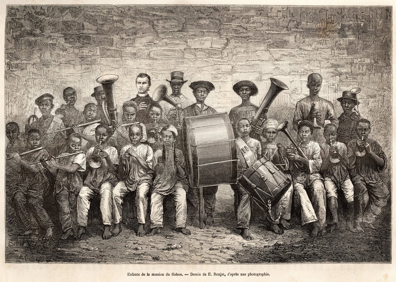 Bandet af børnene fra Gabon-missionen. Gravering efter tegningen af E. Ronjat, til illustration af krydstogtet på Afrikas kyst, af viceadmiral Fleuriot de Langle, i 1868, udgivet i "" Le tour du monde"" 1876, redigeret af Edouard Charton, Hachet af Etienne Antoine Eugene Ronjat