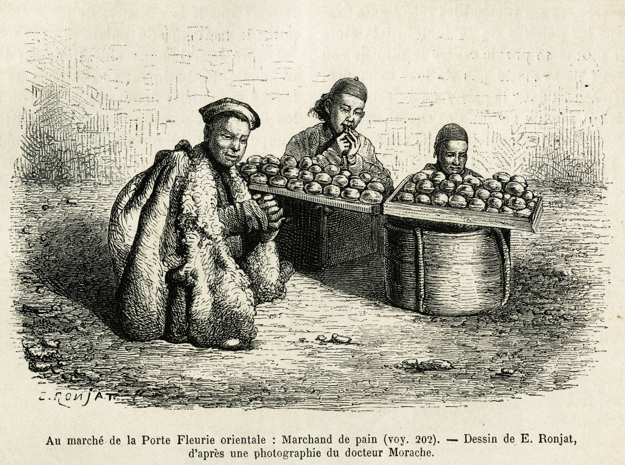 Brødhandleren, ved foden af den orientalske blomsterport i Kejserpaladset i Pekin, en aktuel scene i hverdagen. Gravering efter tegningen af E. Ronjat, for at illustrere rejsen til Pekin og Nordkina, af T.Choutze, i 1873, udgivet i af Etienne Antoine Eugene Ronjat
