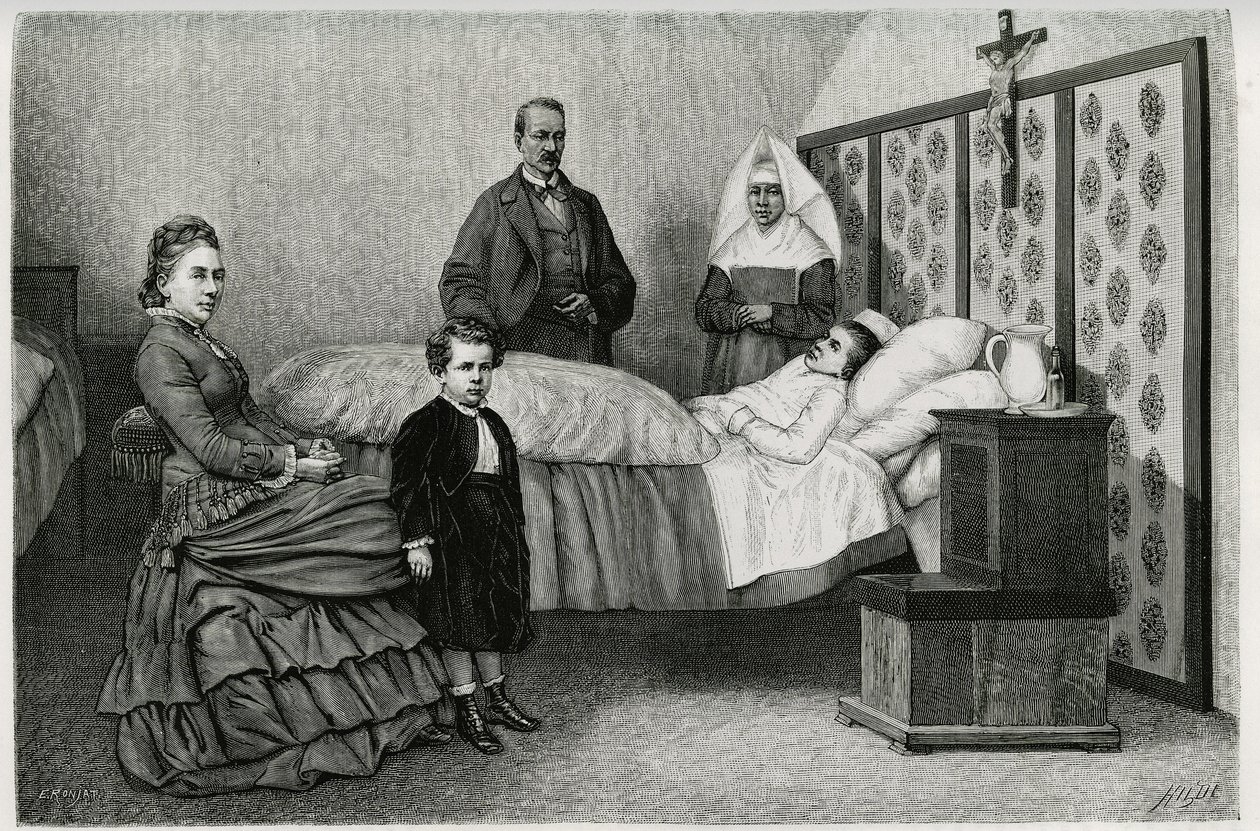 Lægekonsultationen på Logelbach hospice. Gravering af E.Ronjat, for at illustrere historien "Gennem Alsace og Lorraine", i 1884, af Charles Grad (1842-1890), tysk deputeret, forfatter og naturforsker. Udgivet i Le Tour du monde, nouveau journal d af Etienne Antoine Eugene Ronjat