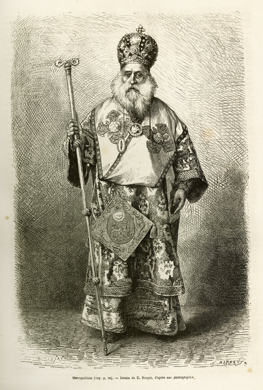Metropolitan eveque af den nye katedral i Athen. Gravering efter tegningen af E. Ronjat, til illustration af rejsen til Grækenland, af Henri Belle, i 1861-1868-1874, udgivet i "" Le tour du monde""" 1876, redigeret af Edouard Charton, Hachette-udgaven, af Etienne Antoine Eugene Ronjat