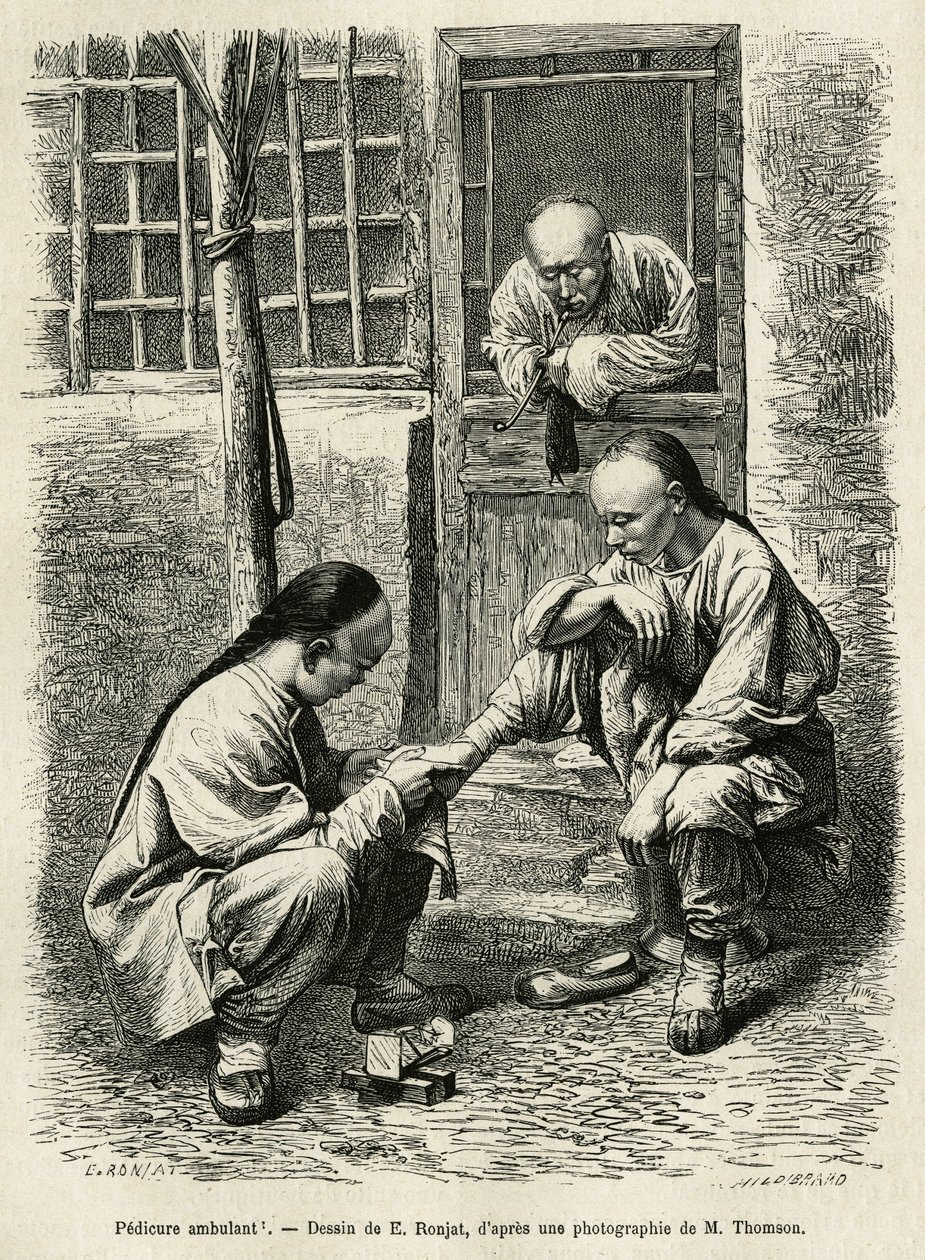 Vandrende pedicure, en almindelig scene i hverdagen i kinesiske byer. Gravering efter tegningen af E. Ronjat, til illustration af rejsen til Pekin og Nordkina, af T.Choutze, i 1873, udgivet i "" Le tour du monde""" 1876, redigeret af Edouard Charton af Etienne Antoine Eugene Ronjat