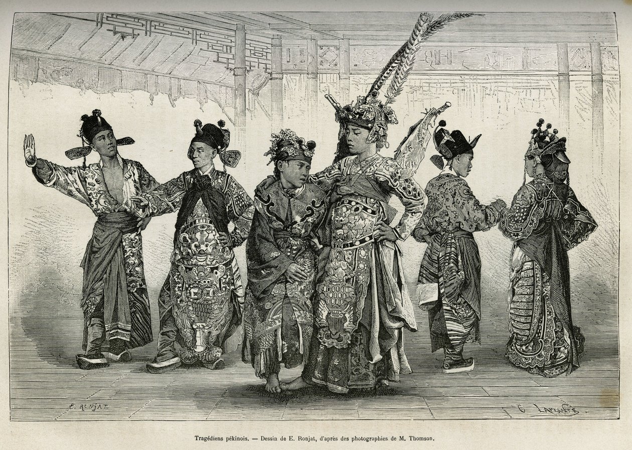Tragedier fra et Pekinesisk teater, med speciale i historiske og mytologiske dramaer. Gravering efter tegningen af E. Ronjat, til illustration af rejsen til Pekin og Nordkina, af T.Choutze, i 1873, udgivet i "" Le tour du monde""" 1876, redigeret af Ed af Etienne Antoine Eugene Ronjat
