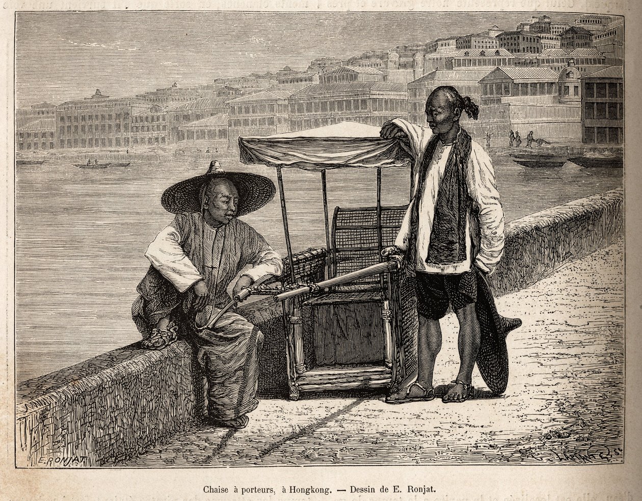 To hvilende bærere ved siden af deres kørestol i Hong Kong, gravering efter en tegning af E. Ronjat, der illustrerer rejsen til Kina, af J. Thompson, i 1870-1872, udgivet i "" Le tour du monde""" 1875, redigeret af Edouard Charton, Hachette-udgaven, Paris. af Etienne Antoine Eugene Ronjat