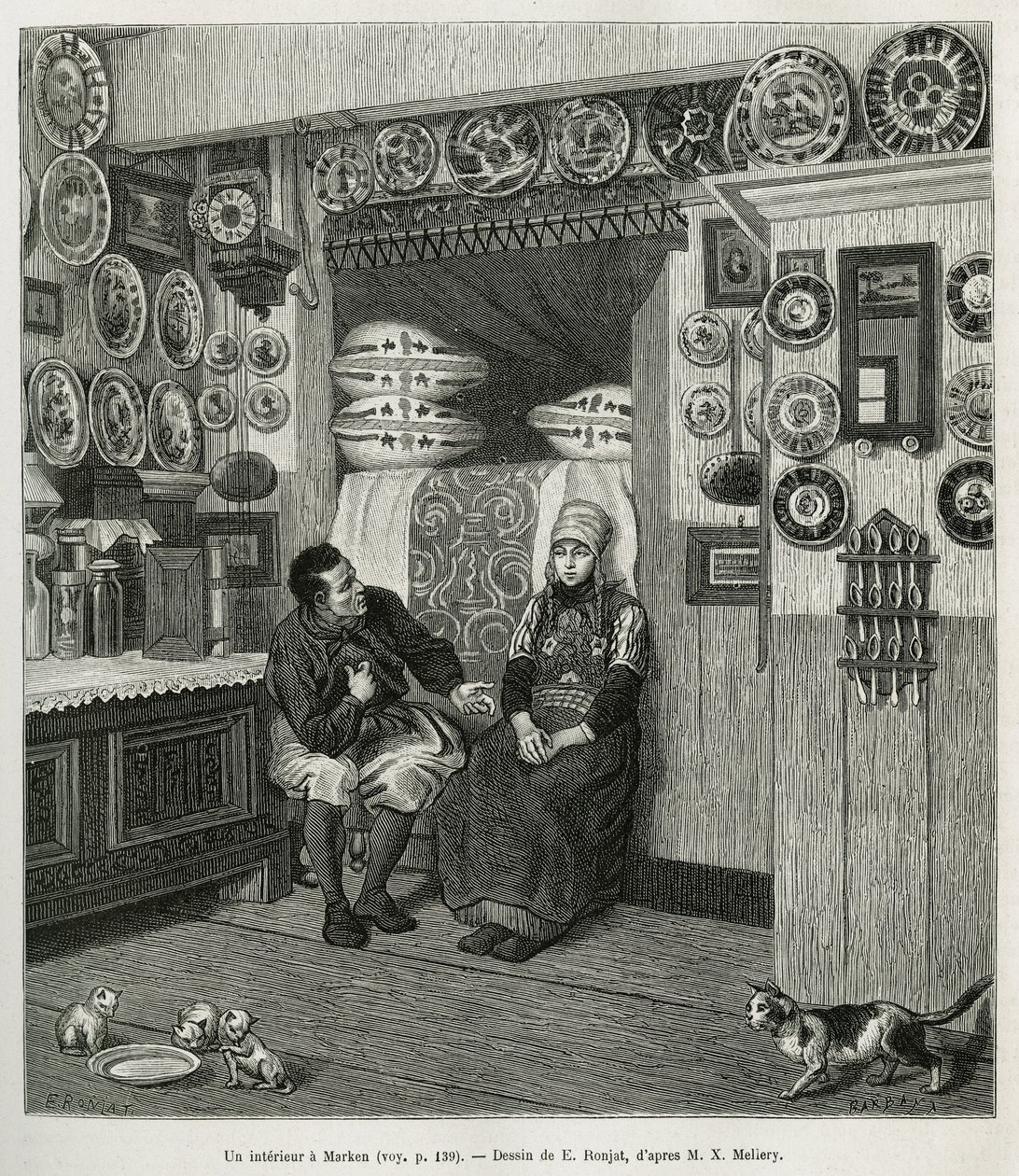 Un interieur à Marken (Pays Bas), gravering efter en tegning af E. Ronjat, for at illustrere historien om Neerlande, af Charles de Coster, i 1878, udgivet i tour du monde, under ledelse af Edouard Charton af Etienne Antoine Eugene Ronjat