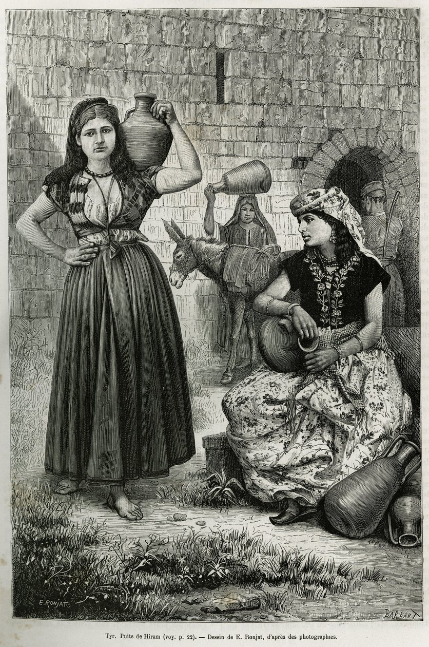 Kvinder, der bærer kander, nær Hirams brønd i Tyrus. Indgravering af E.Ronjat, for at illustrere historien La Syria d