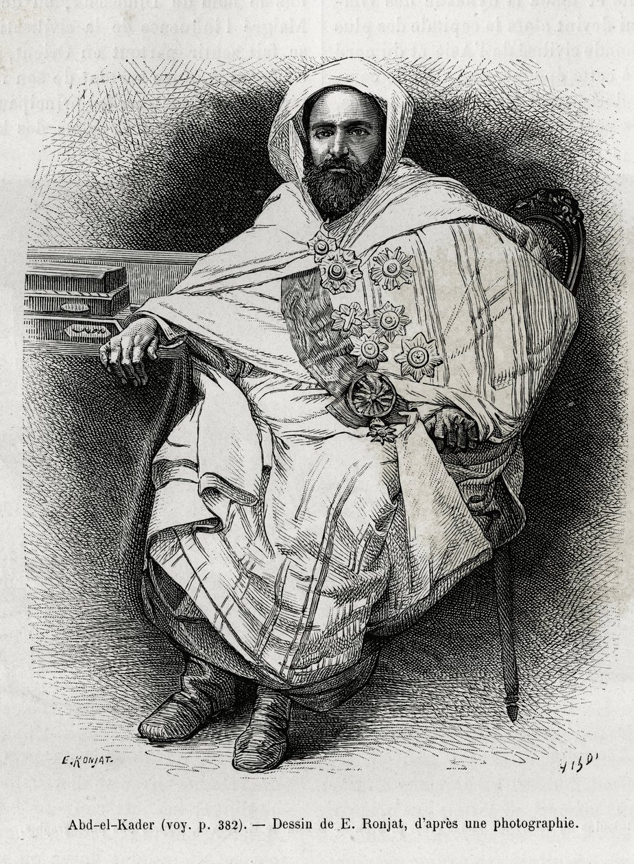 portræt af Abd El Kader (1808-1883) algerisk emir og sultan, sufiteolog, politiker og militær modstand mod den franske kolonihær, også forfatter, digter og filosof. Gravering af E.Ronjat, for at illustrere historien La Syria d