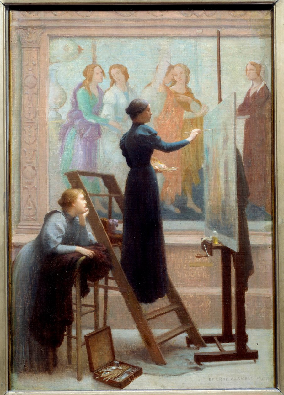 Au Louvre (to kvinder, der kopierer freskoen af Botticelli) Maleri af Etienne Azambre (1859-1933) 1894 Søn. 0,61x0,41 m OBS! Brug af dette værk kan være underlagt en anmodning om tredjepartsgodkendelse eller yderligere gebyrer af Etienne Azambre