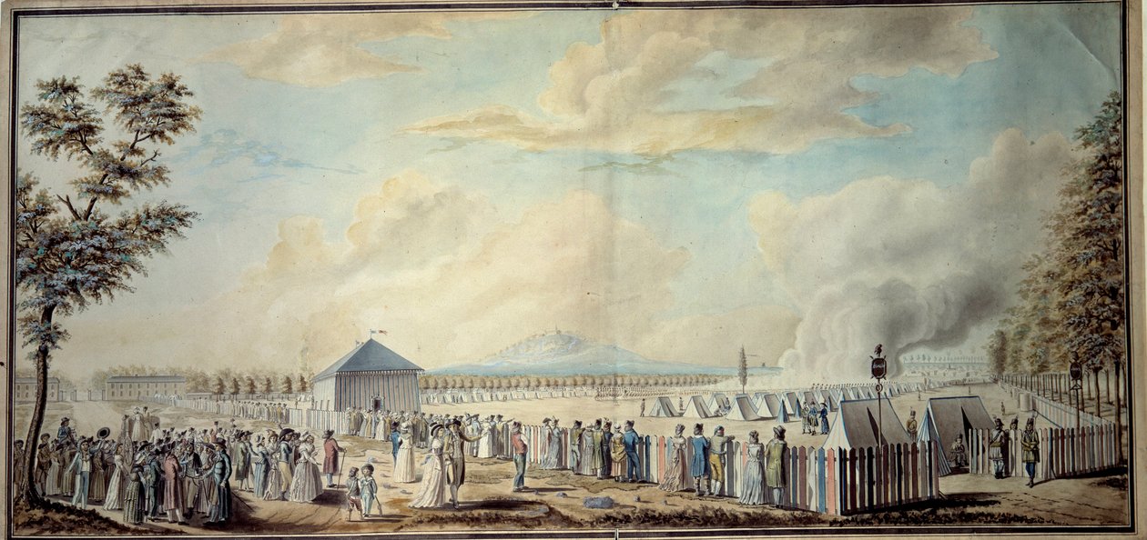 Fransk revolution: ""Militærlejr for Mars-skolen for de fremtidige ledere af den republikanske hær"" Akvarel af Etienne Bericourt (1700-tallet) 1794 Paris, B.N. af Etienne Bericourt