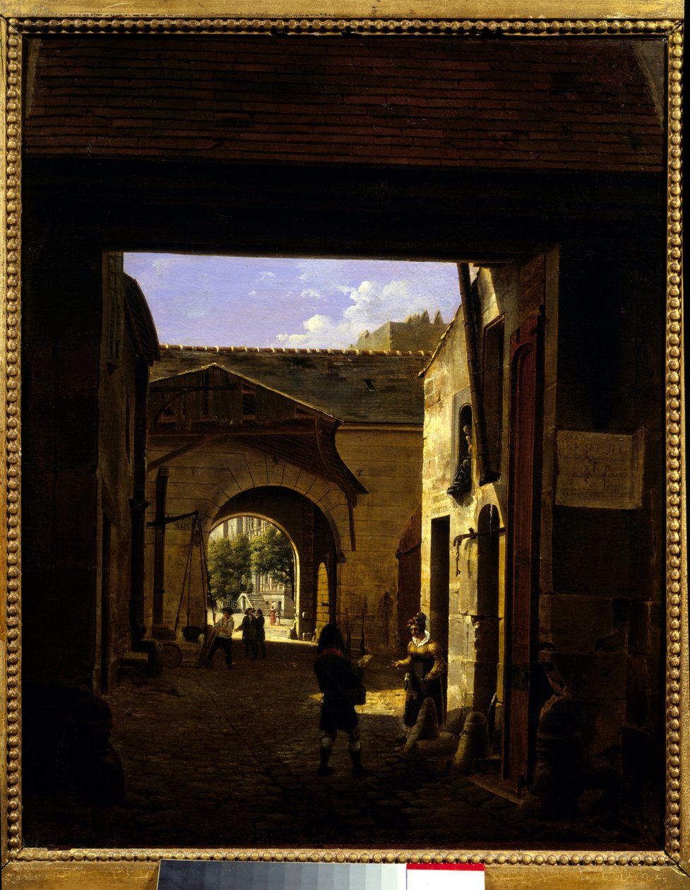 Gården til et kørehus i rue Saint Denis kendt som gården Sainte Catherine Scene i 1. arrondissement i Paris. Maleri af Etienne Bouhot (1780-1862) 1832 søn. 0,27x0,22 m Paris, Musee Carnavalet. af Etienne Bouhot