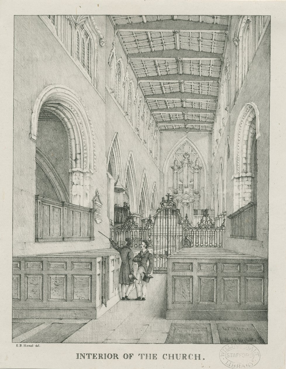 Tamworth Churchs interiør: litografi, nd [1796-1865] af Etienne Bruno Hamel