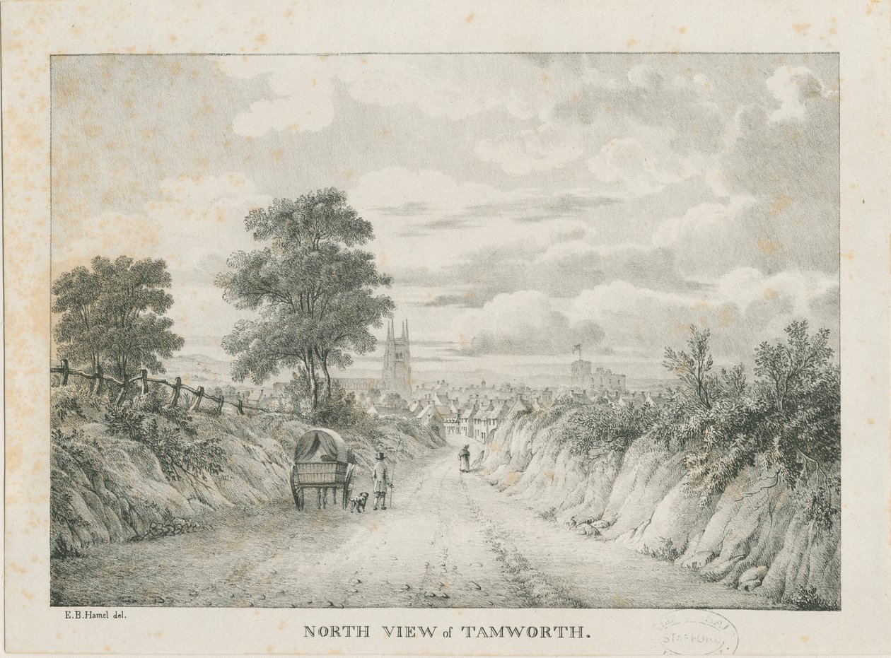 Tamworth - Fjernsyn fra nord: litografi, nd [1796-1865] af Etienne Bruno Hamel
