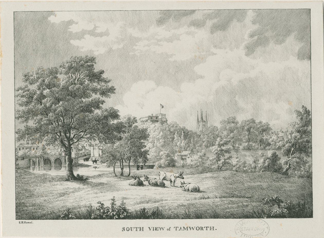 Tamworth - Fjernsyn fra syd: litografi, nd [1796-1865] af Etienne Bruno Hamel