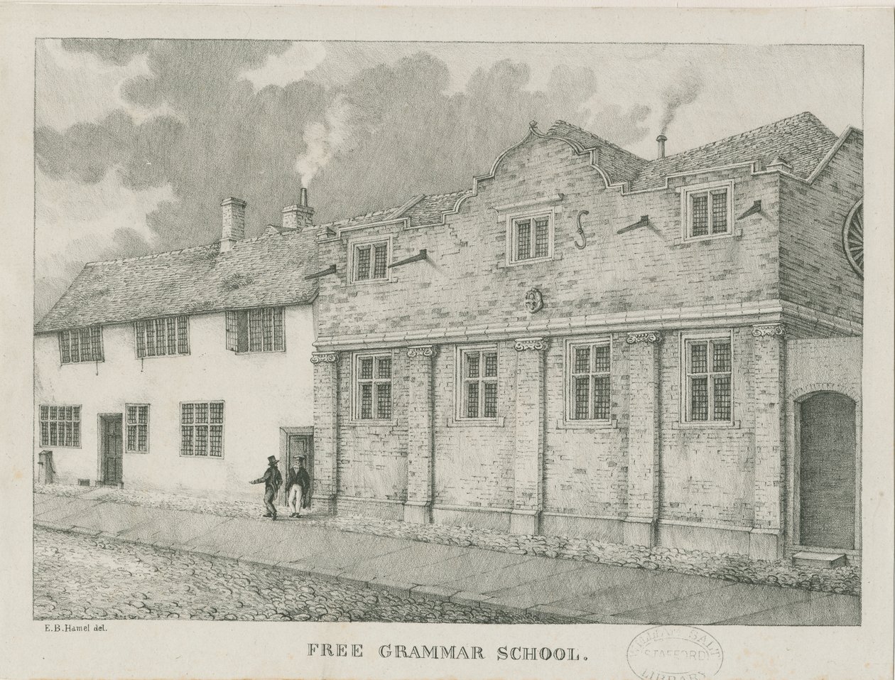 Tamworth - Guy "s Almshouses: sepia drawing, 1838dani af Etienne Bruno Hamel