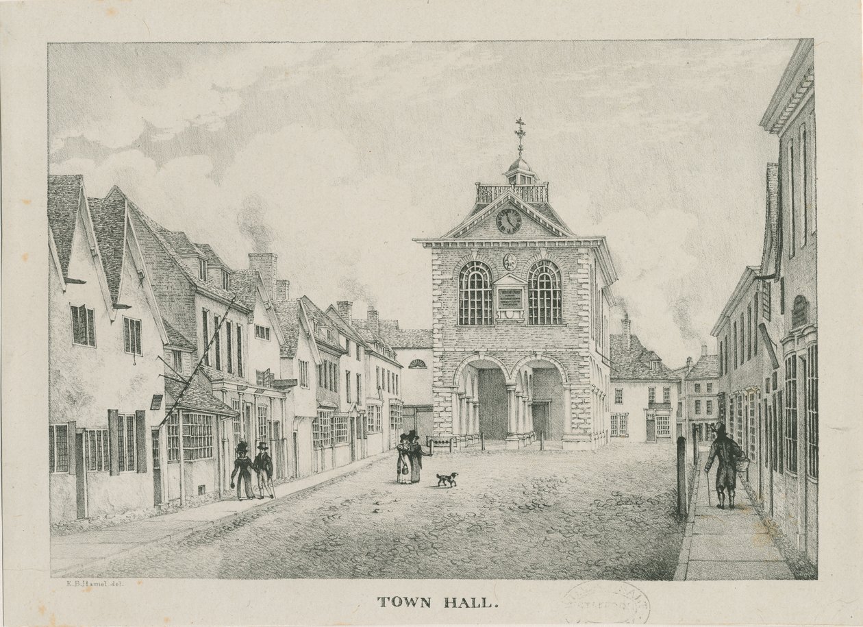 Tamworth - Rådhuset: litografi, nd [1796-1865] af Etienne Bruno Hamel