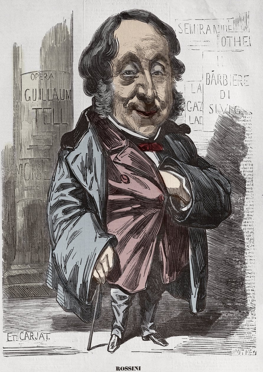 Portræt af Gioachino (Gioacchino) Rossini (1792-1868), Karikatur af Etienne Carjat - Etienne Carjat (1928-1906), portrætladning af Rossini for Diogene, efter Nadar, 21. december 1856 digital farvelægning af Etienne Carjat