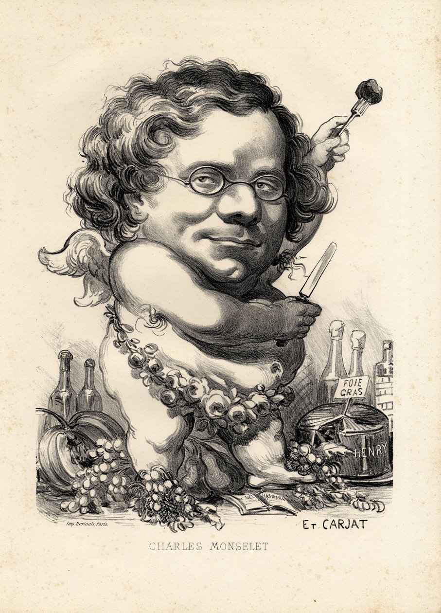 flyvende blad - Illustration af Etienne Carjat (1826-1906): Obeite, Foie gras - Monselet Charles (1825-1888) af Etienne Carjat