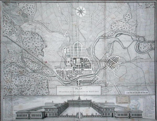 Kort over byen Rastadt, dens omgivelser og slottet (gravering) af Etienne Claude Voysard