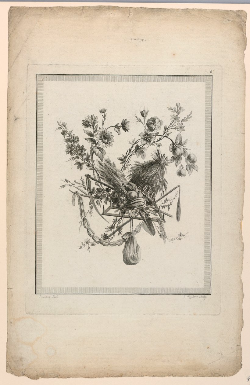 Trofæ med høstredskaber, plade 6 fra "Suite of Different Attributes, Trophys and Flower Groups," Suite II af Etienne Claude Voysard