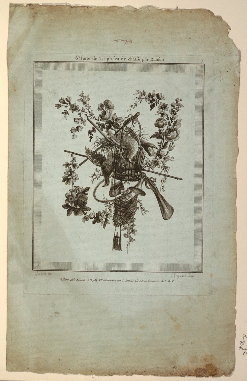 Trofæ med jagtens redskaber, plade 1 fra "Suite de Trophées de chasse," Suite VI af Etienne Claude Voysard