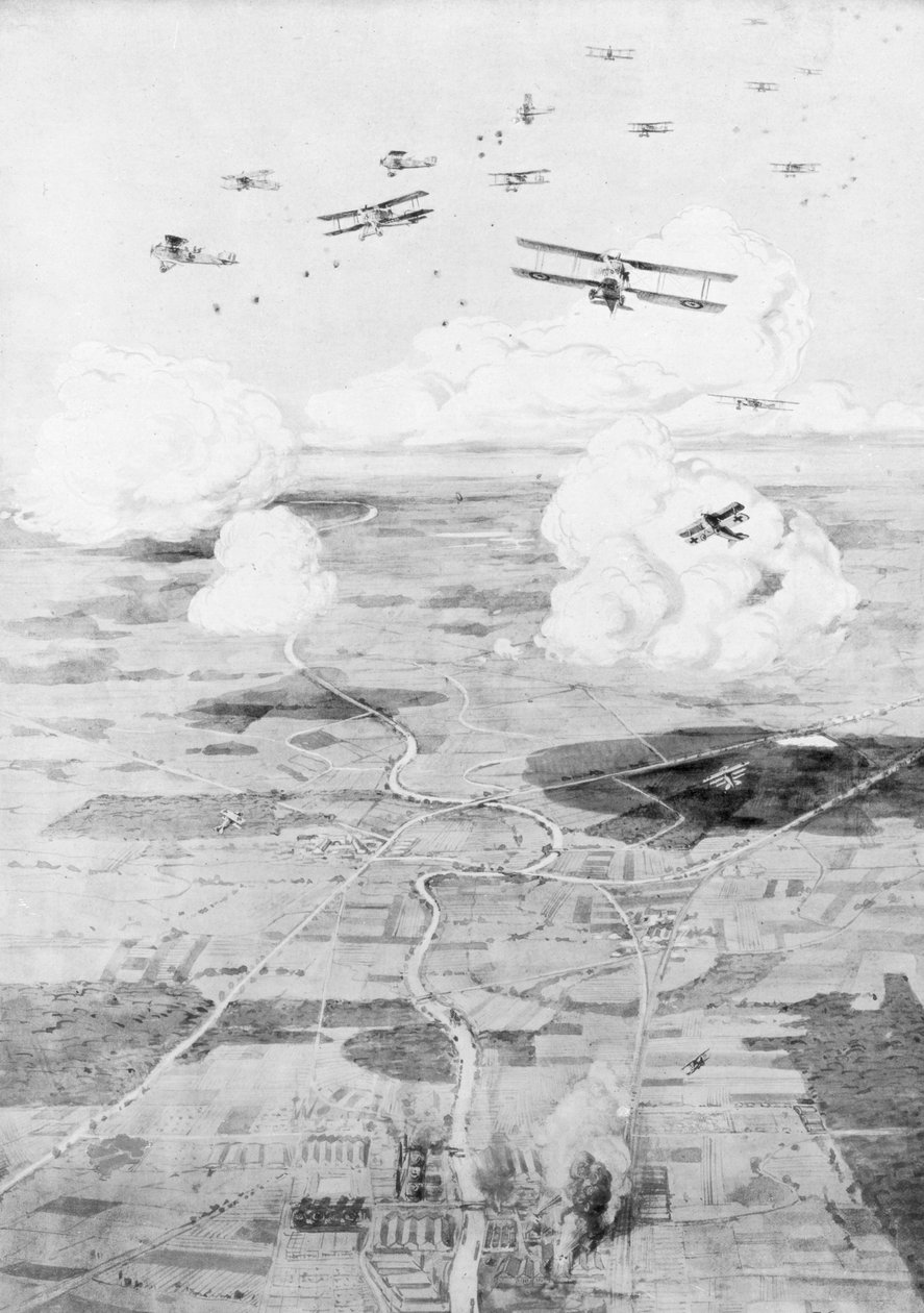 Fransk eskadron på målet, fabrikker ved kanten af en flod, 1918, 1926. af Etienne Cournault