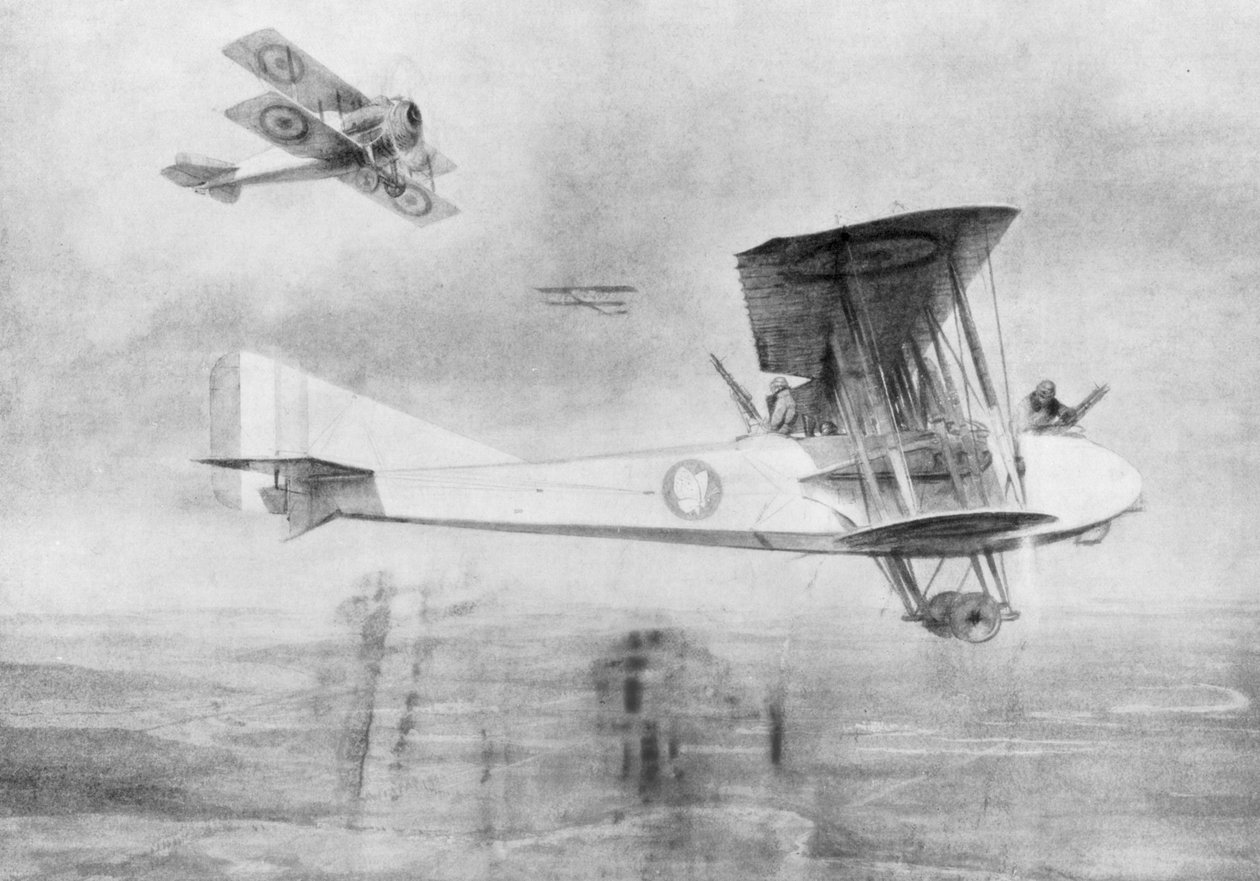 Tre-sædet fly på en fotografisk mission, beskyttet af et Spad-jagerfly, 1918 1926. af Etienne Cournault