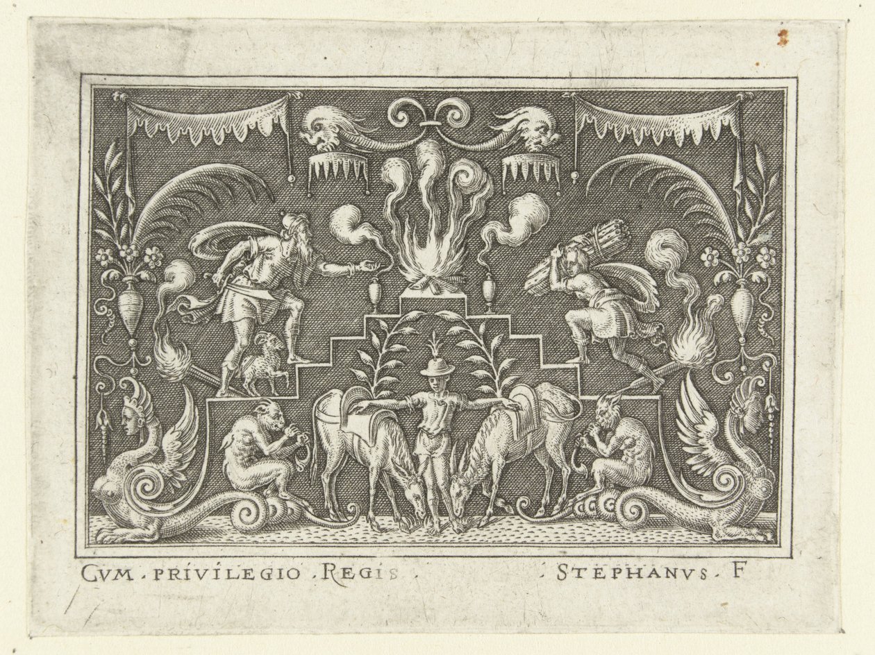 Abraham kommer til at ofre Isak Overfladedekorationer med scener fra Det Gamle Testamente i en grotesk ramme (serietitel) af Etienne Delaune
