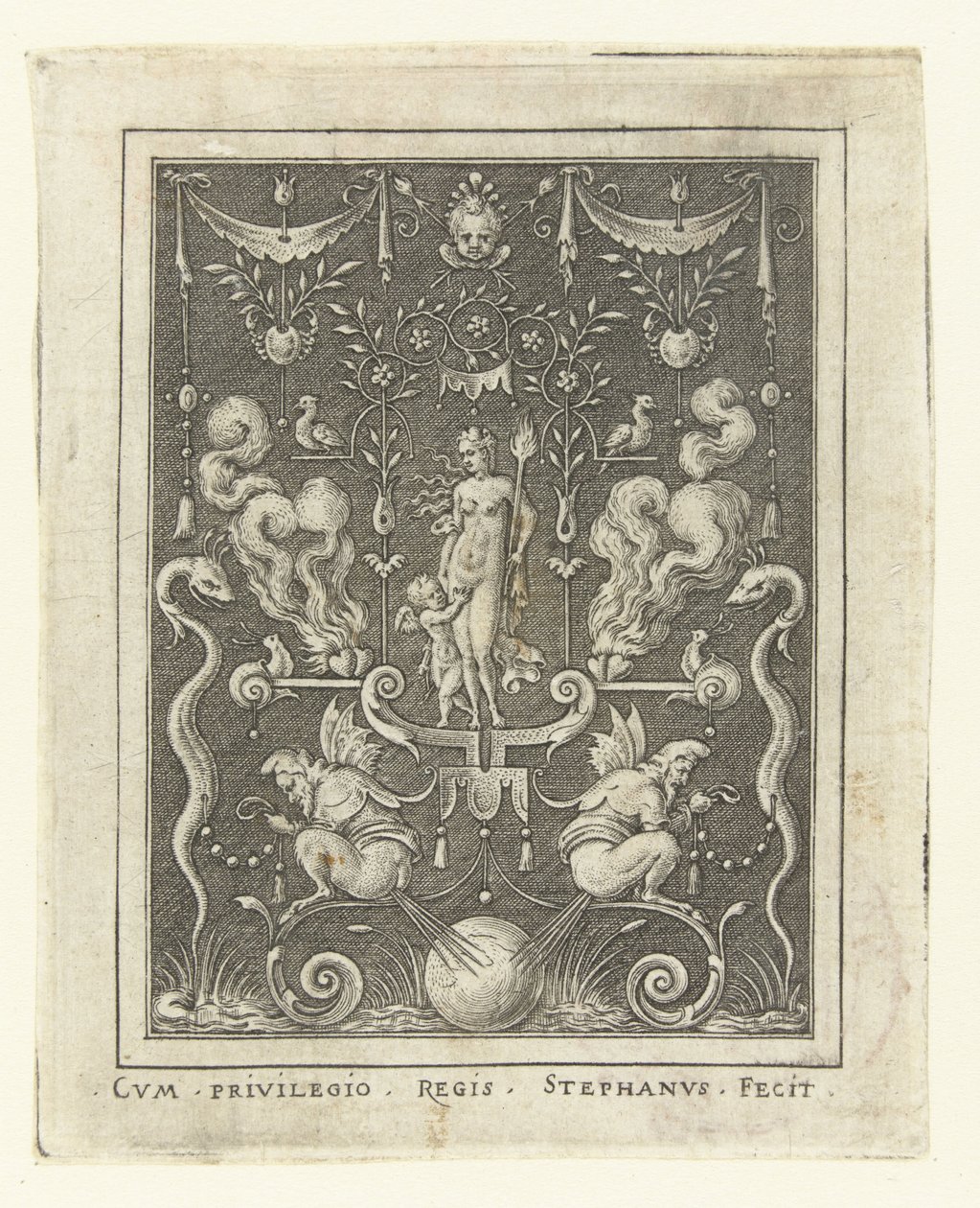 Venus med Amor mellem fire brændende hjerter Overfladedekorationer med gudefigurer i en ramme af grotesker (senere version) (serietitel) af Etienne Delaune