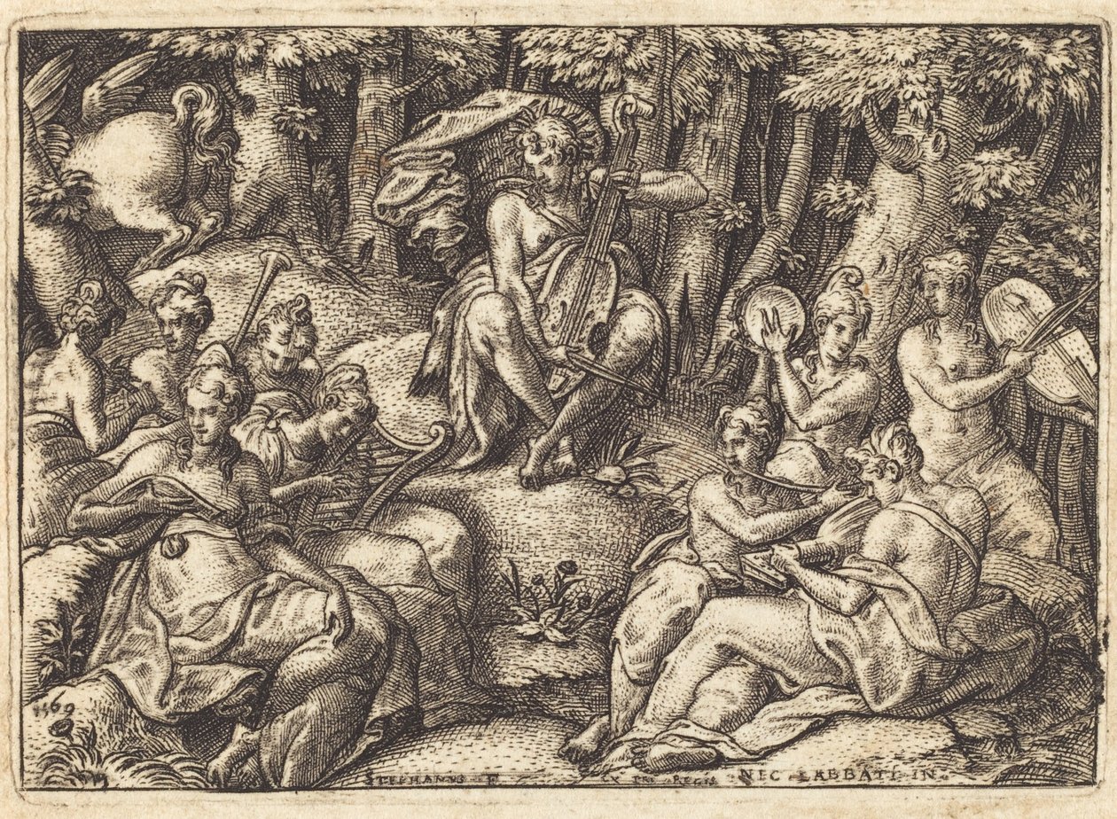 Apollo på Mount Parnassus af Etienne Delaune after Niccolò dell