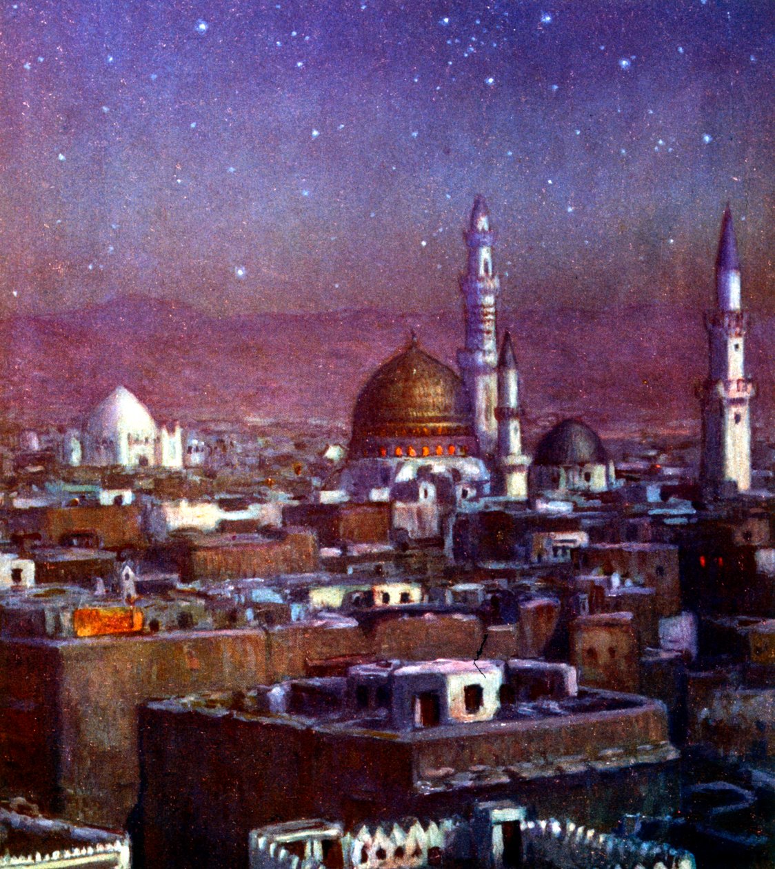 Udsigt over Medina, Arabien, ved måneskin, der viser kuplen på Profetens grav, 1918 af Alphonse Etienne Dinet