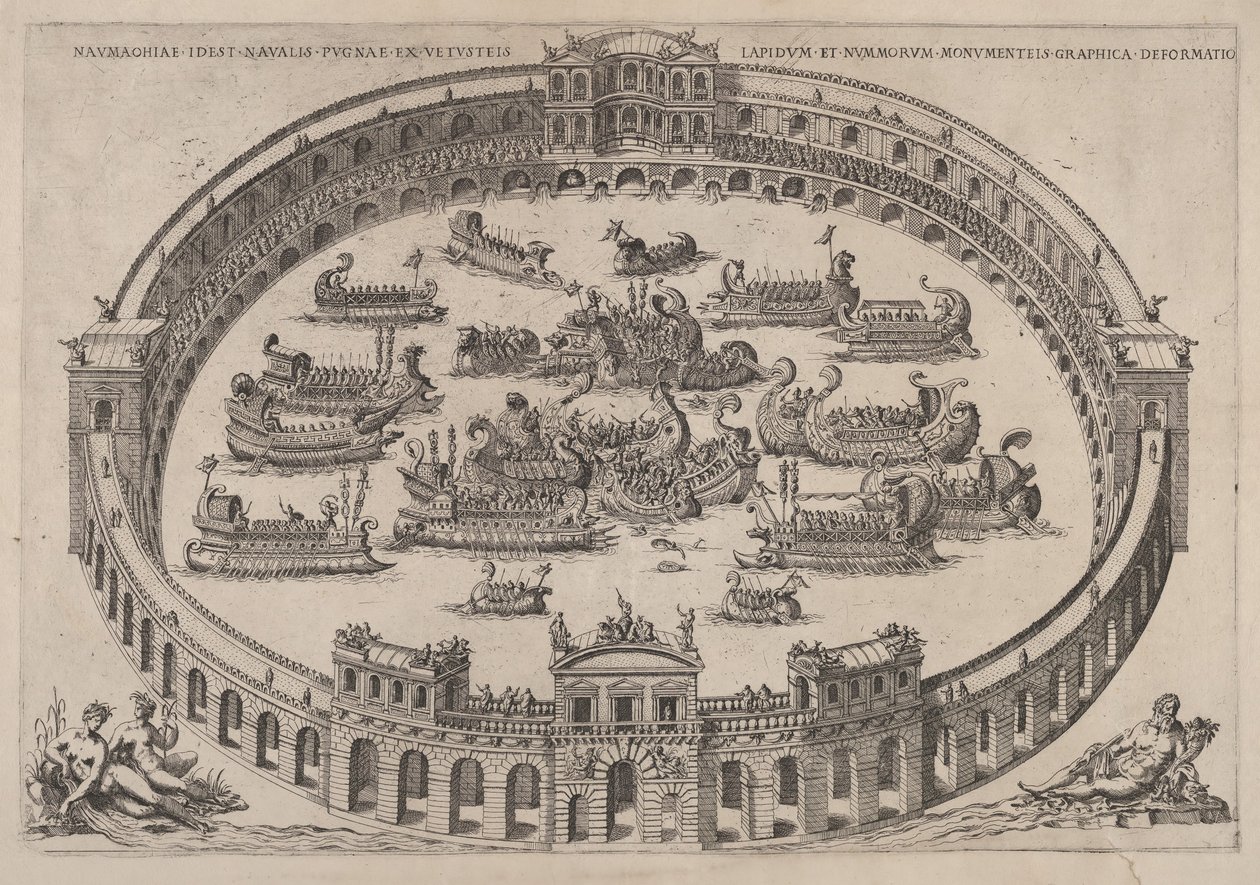 Sømandsforlovelse sat i en romersk arena med floden Tiberen og nymfer nederst til venstre..., 1577-85. af Etienne Duperac