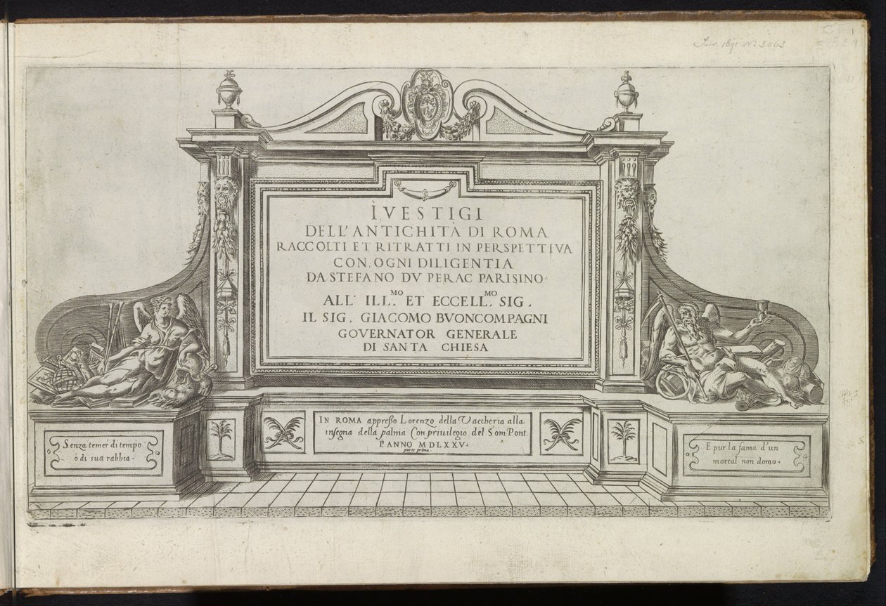 Titeltryk med et monument med titel, flankeret af Faam og Fader Tid Gamle bygninger (serietitel) I vestigi dell