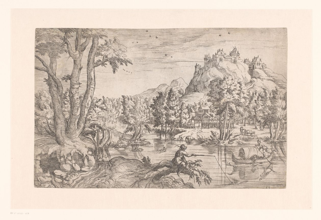 Landskab med fisker og slot på bjergtop af Etienne Dupérac (attributed to)