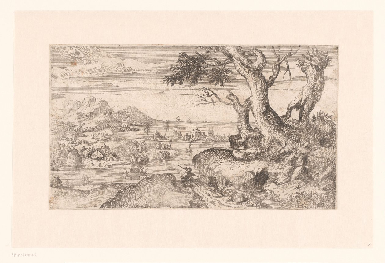 Landskab med en kvindelig satyr, der fodrer et satyrbarn af Etienne Dupérac (attributed to)