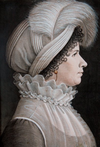 Portræt af en kvinde iført en hat dekoreret med en fjer (pastel på papir) af Etienne Esperance Bouchardy
