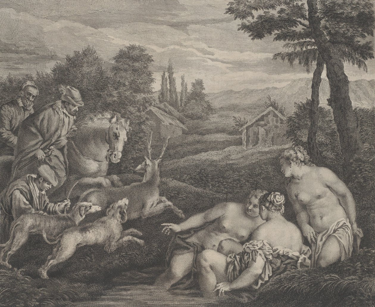 Diana og Acteon forvandlet til en kronhjort, ca. 1742. af Etienne Fessard