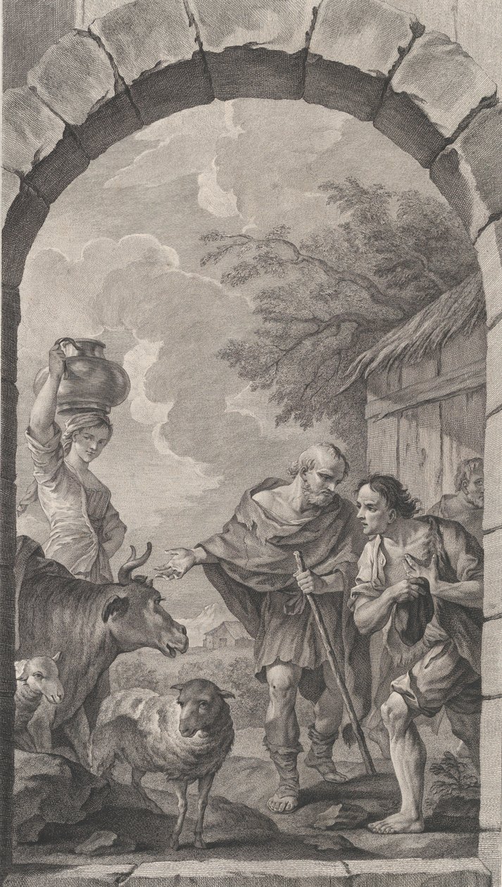 The Chapel of the Foundlings i Paris: Gruppe af hyrder foran et sommerhus, 1757. af Etienne Fessard