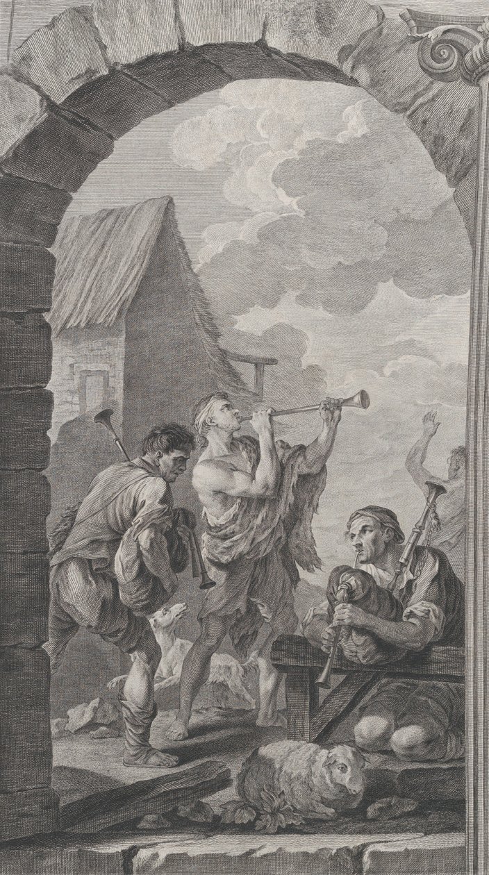 The Chapel of the Foundlings i Paris: Gruppe af hyrder: trompetspillere og m..., 1754. af Etienne Fessard