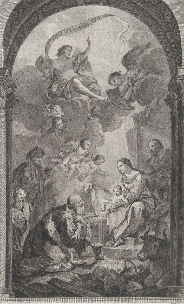 The Chapel of the Foundlings i Paris: Magi Gaspard og Melchior, der tilbeder E..., 1752. af Etienne Fessard
