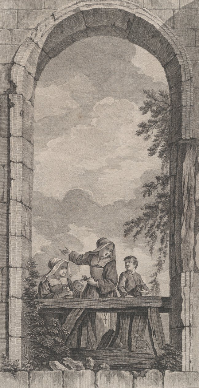 The Chapel of the Foundlings i Paris: Nonner og drenge ser på fødselsscenen,..., 1757. af Etienne Fessard