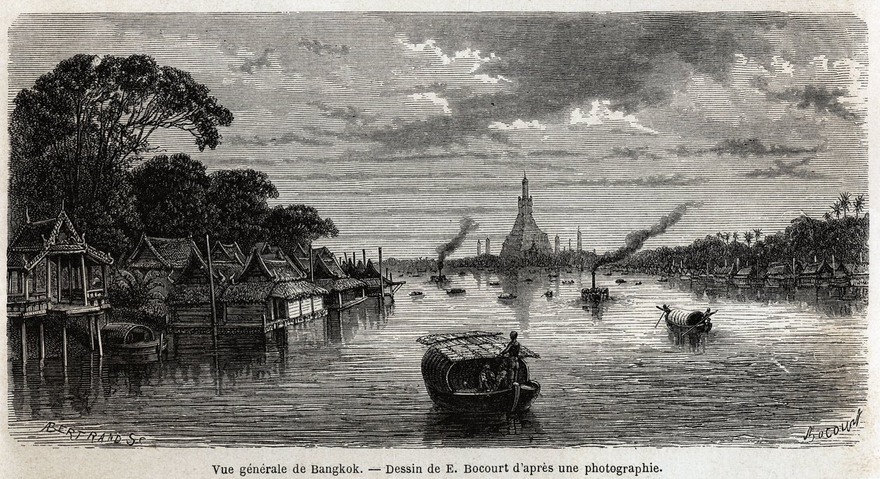 Generelt billede af Bangkok (Thailand), tegning af E.Bocour, for at illustrere Henri Mouhots rejse til kongerigerne Siam, Cambodja og Laos fra 1858 til 1861. Indgravering i "" Le tour du monde"", redigeret af Edouard Charton af Etienne Gabriel Bocourt