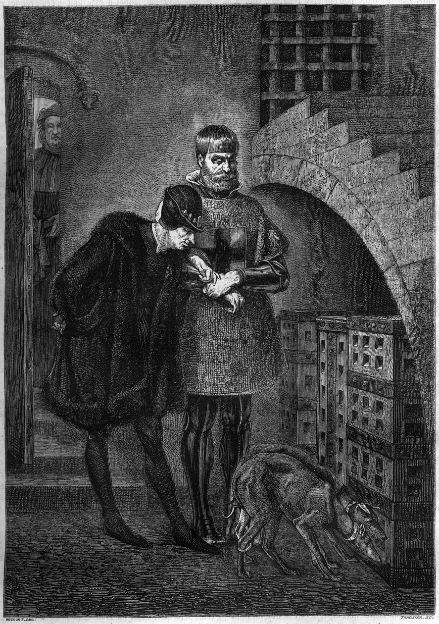 Kong Ludvig XI af Frankrig (1423-1483) på besøg hos fangen Jean de La Balue (Kardinal Balue) (1421-1491), indeslutter i et jernbur. Gravering af Bocour efter maleriet af Gerome af Etienne Gabriel Bocourt