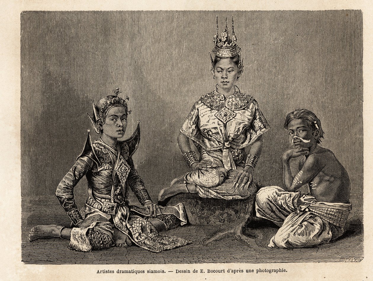 Siamesiske dramatiske kunstnere, tegnet af E.Bocour, for at illustrere Henri Mouhots rejse ind i kongerigerne Siam, Cambodja og Laos fra 1858 til 1861. Indgravering i "" Le tour du monde"", redigeret af Edouard Charton af Etienne Gabriel Bocourt