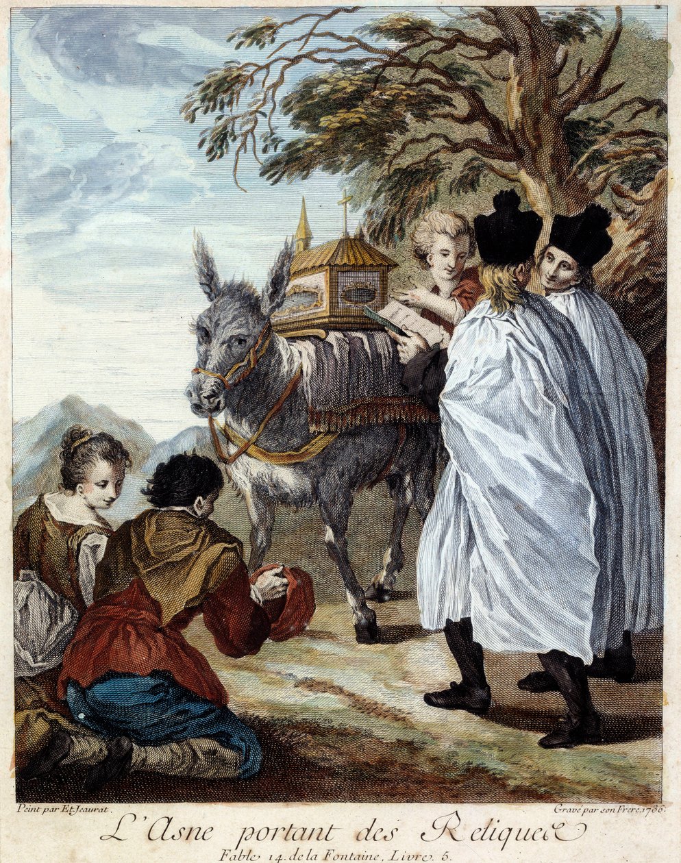 Æselbærende relikvier. Illustration til fabel af Jean de La Fontaine. Maleri af Etienne Jeaurat (1699-1789) af Étienne Jeaurat