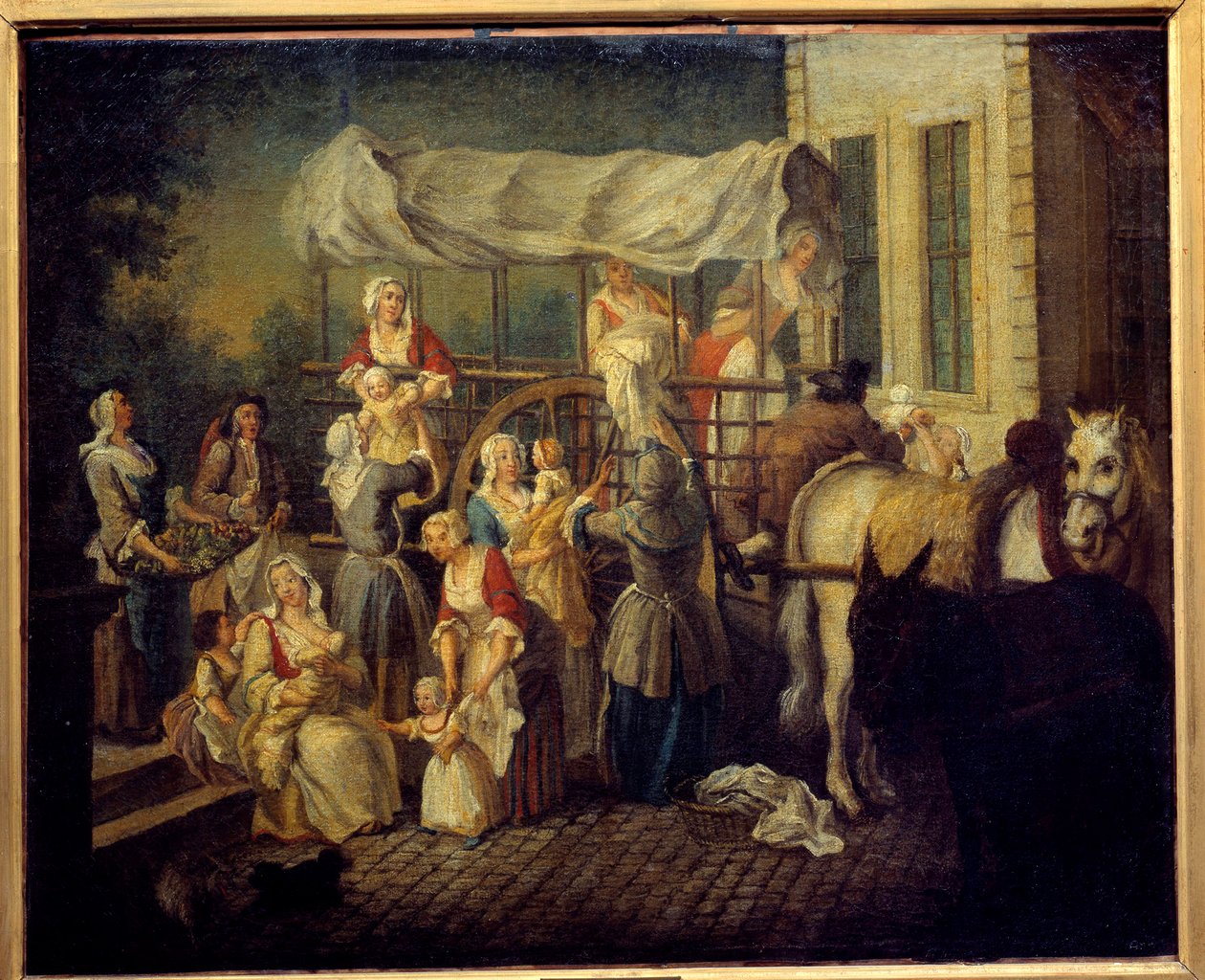 Sygeplejerskernes ankomst Maleri af Etienne Jeaurat (1699-1789) Laon fra det 18. århundrede, kommunalt museum af Étienne Jeaurat