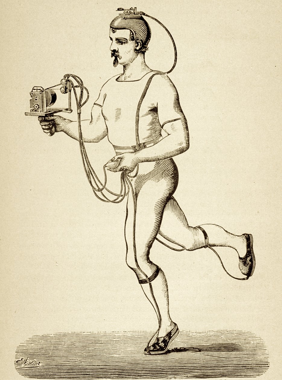 Runner forsynet med apparatet beregnet til at registrere hans forskellige skridt, fra Popular Science Monthly, pub.1875 af Etienne Jules Marey
