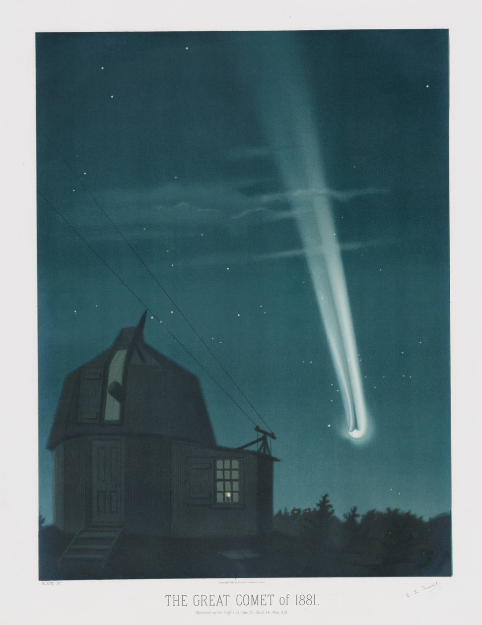 The Great Comet of 1881, observeret natten mellem den 25. og 26. juni kl. 1.30, fra The Trouvelot Astronomical Drawings 1881, pub. 1881 (farvelitografi) af Étienne Léopold Trouvelot