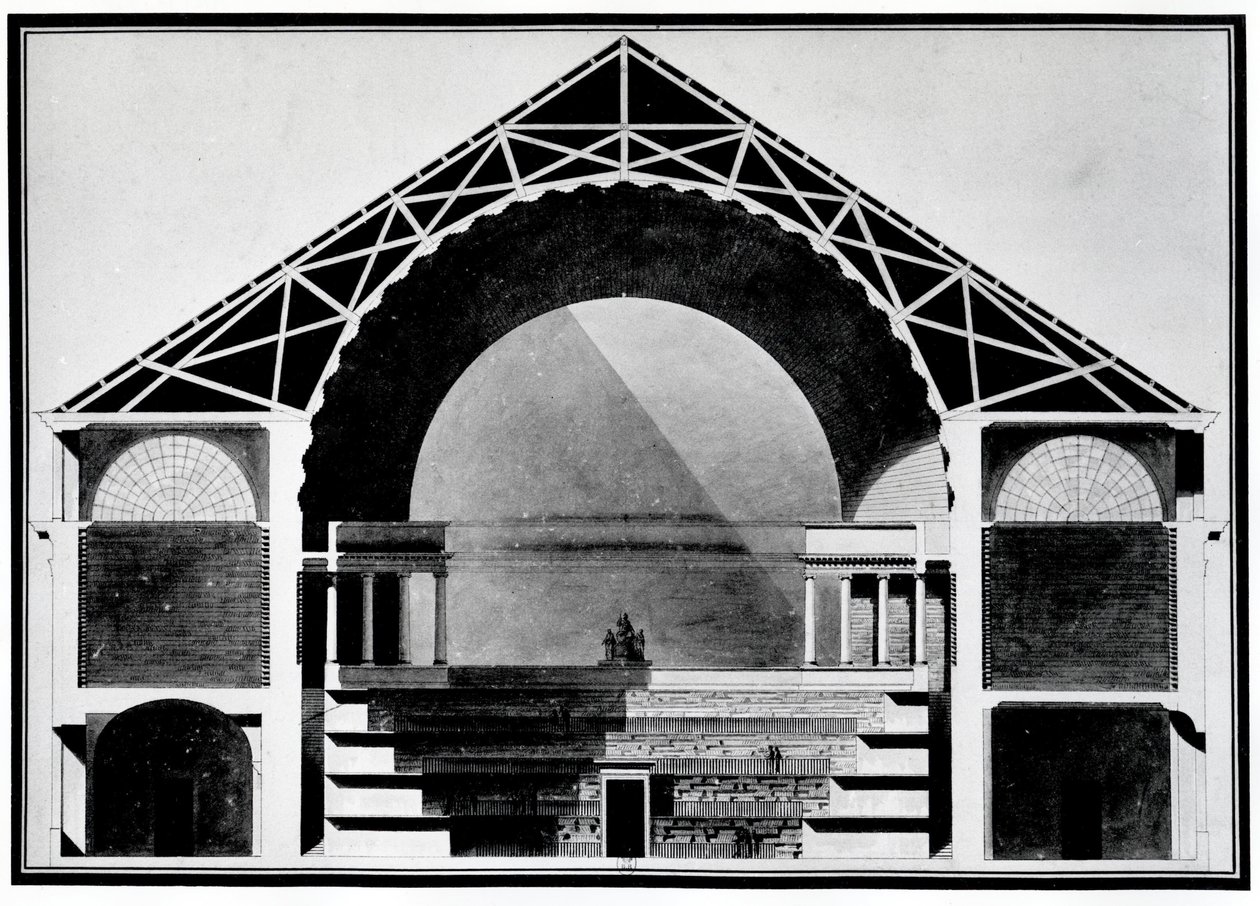 Bibliotheque Royale de France, tværsnitstegning af bygningen. Arkitektur af Etienne Louis Boullee (Etienne-Louis Boullee), fransk arkitekt (1728-1799). af Etienne Louis Boullee
